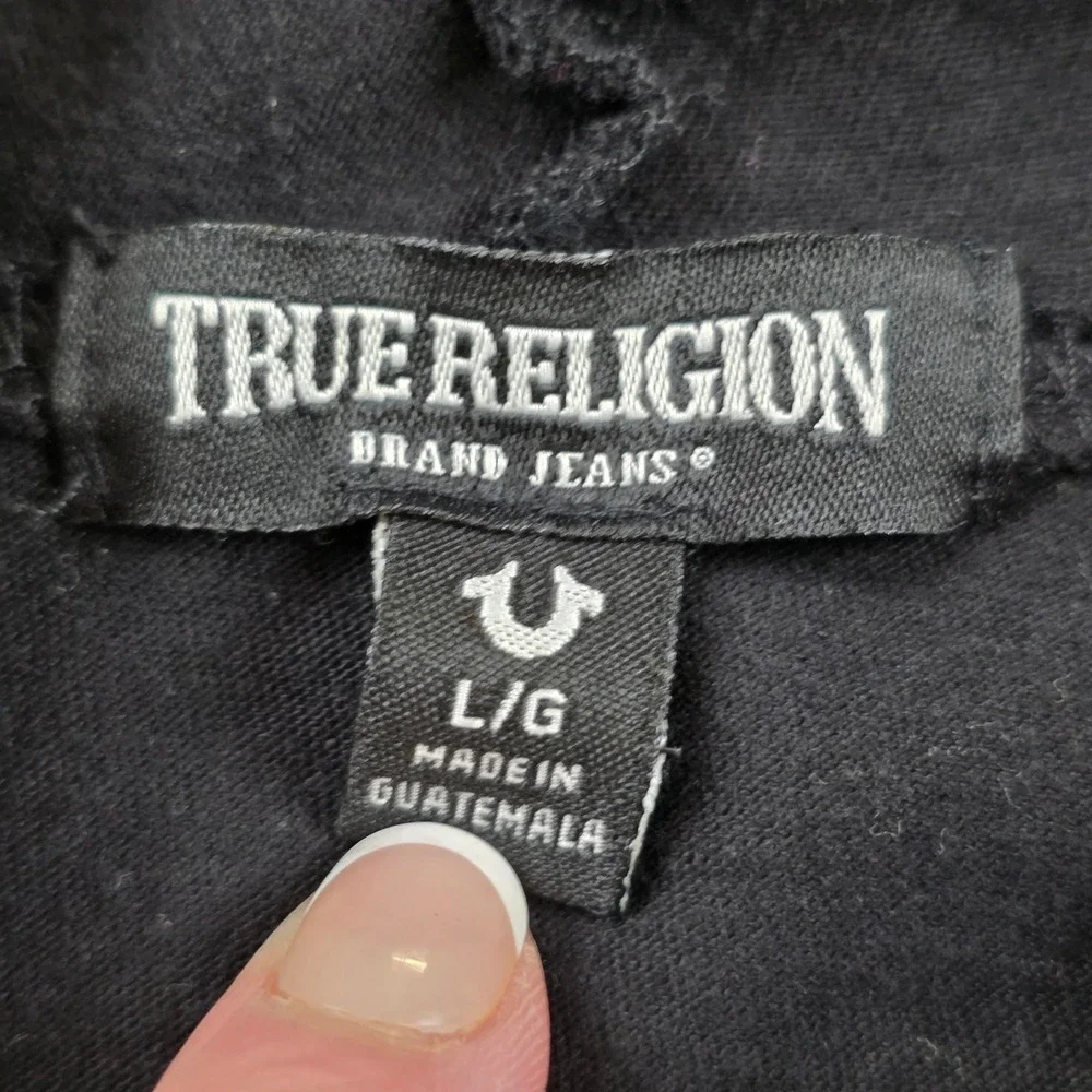 True Religion Sleeveless Hoodie Mens Large Black Graphic Buddha Horseshoe Logo